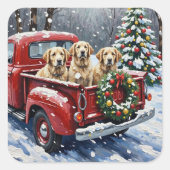 Old English Sheepdog Christmas Red Truck Holiday Quadratischer Aufkleber (Vorderseite)