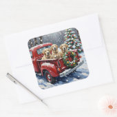 Old English Sheepdog Christmas Red Truck Holiday Quadratischer Aufkleber (Umschlag)