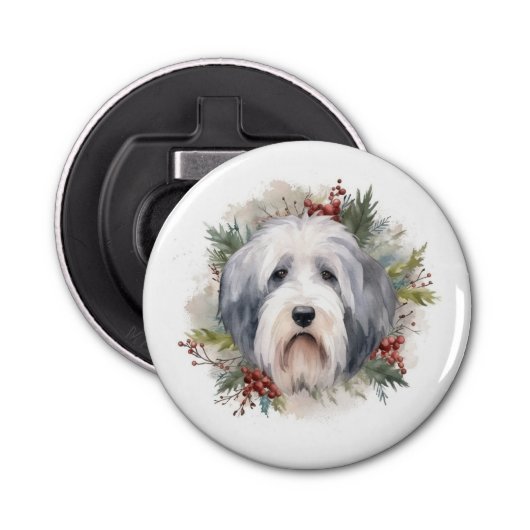 Old English Sheepdog Christmas Wreath Festivals Flaschenöffner (Vorderseite)