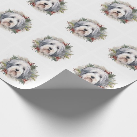 Old English Sheepdog Christmas Wreath Festivals Geschenkpapier (Ecke)