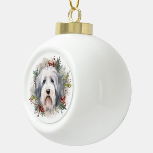 Old English Sheepdog Christmas Wreath Festivals Keramik Kugel-Ornament (Rechts)