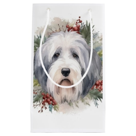 Old English Sheepdog Christmas Wreath Festivals Kleine Geschenktüte (Vorderseite)