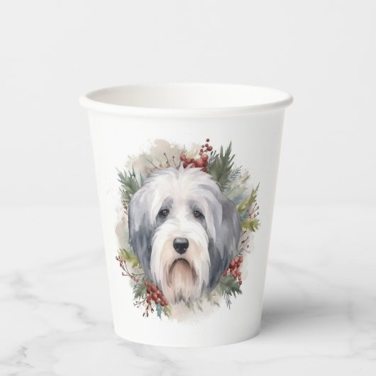 Old English Sheepdog Christmas Wreath Festivals Pappbecher (Vorderseite)