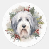 Old English Sheepdog Christmas Wreath Festivals Runder Aufkleber (Vorderseite)