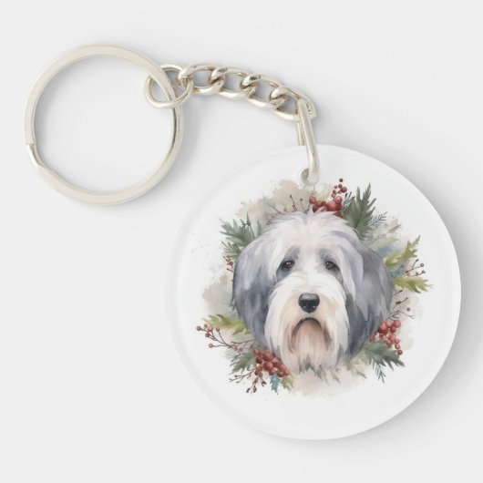 Old English Sheepdog Christmas Wreath Festivals Schlüsselanhänger (Vorderseite)