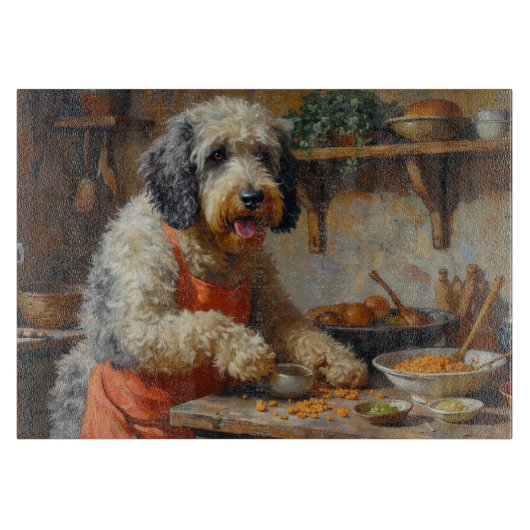 Old English Sheepdog Cooking in Kitchen Schneidebrett (Vorderseite)