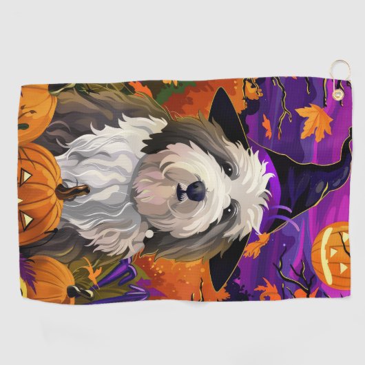 Old English Sheepdog Halloween Hexenkürbis Golfhandtuch (Horizontal)