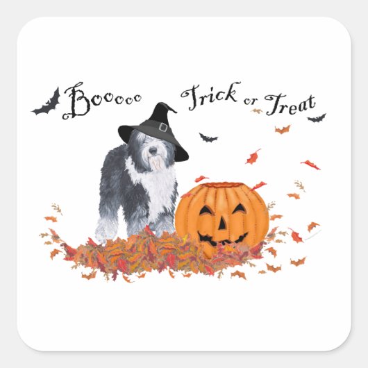 Old English Sheepdog Halloween Quadratischer Aufkleber (Vorderseite)