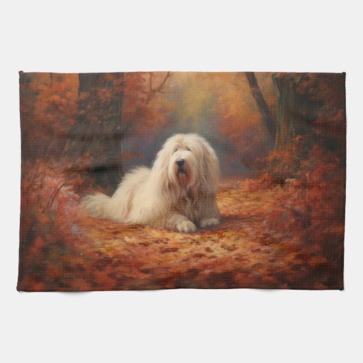 Old English Sheepdog im Herbst Leaves Fall Inspiri Geschirrtuch (Horizontal)