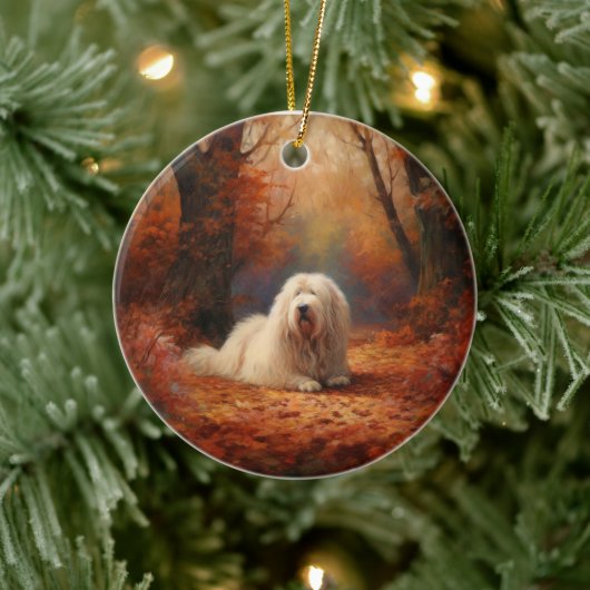 Old English Sheepdog im Herbst Leaves Fall Inspiri Keramik Ornament (Baum)