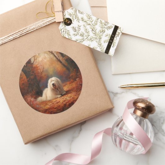 Old English Sheepdog im Herbst Leaves Fall Inspiri Runder Aufkleber (Schenken)