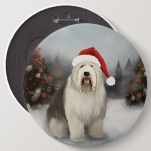 Old English Sheepdog im Schnee Weihnachten Button