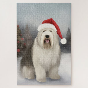 Old English Sheepdog im Schnee Weihnachten Puzzle