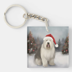 Old English Sheepdog im Schnee Weihnachten Schlüsselanhänger