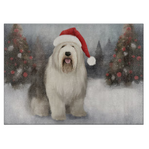 Old English Sheepdog im Schnee Weihnachten Schneidebrett