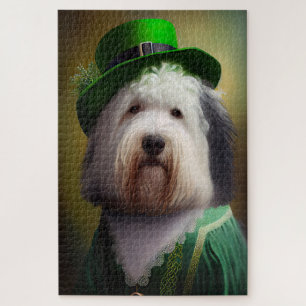 Old English Sheepdog im St. Patrick's Day Kleid Puzzle