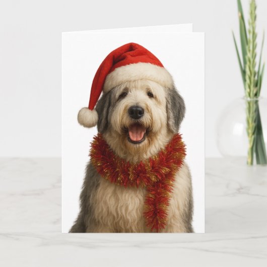 Old English Sheepdog in a Santa hat Christmas card Karte (Vorderseite)