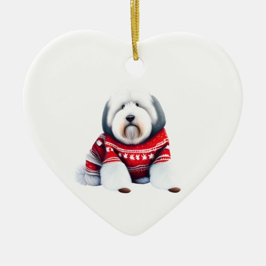 Old English Sheepdog in Christmas Sweater Keramik Ornament (Vorne)