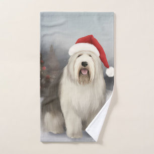 Old English Sheepdog in Snow Christmas Badhandtuch Set