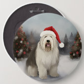 Old English Sheepdog in Snow Christmas Button (Vorne & Hinten)