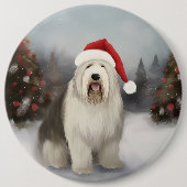 Old English Sheepdog in Snow Christmas Button (Vorderseite)