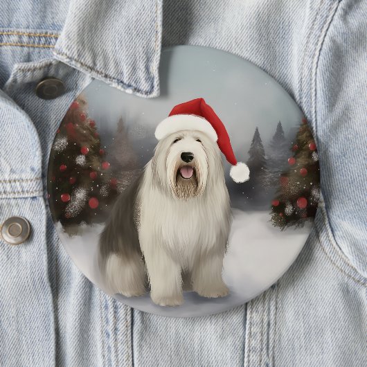 Old English Sheepdog in Snow Christmas Button (Beispiel)