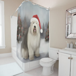 Old English Sheepdog in Snow Christmas Duschvorhang