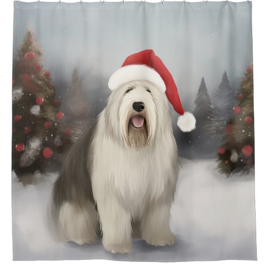 Old English Sheepdog in Snow Christmas Duschvorhang (Vorderseite)