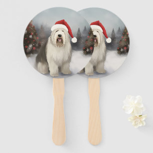 Old English Sheepdog in Snow Christmas Fächer