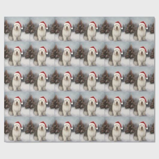 Old English Sheepdog in Snow Christmas Geschenkpapier (Flach)