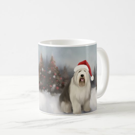 Old English Sheepdog in Snow Christmas Kaffeetasse (VorderseiteRechts)