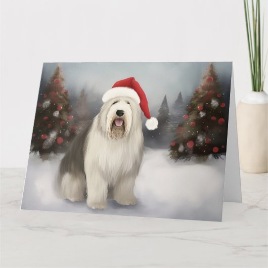 Old English Sheepdog in Snow Christmas Karte (Vorderseite)