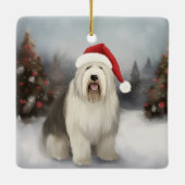 Old English Sheepdog in Snow Christmas Keramikornament (Rückseite)