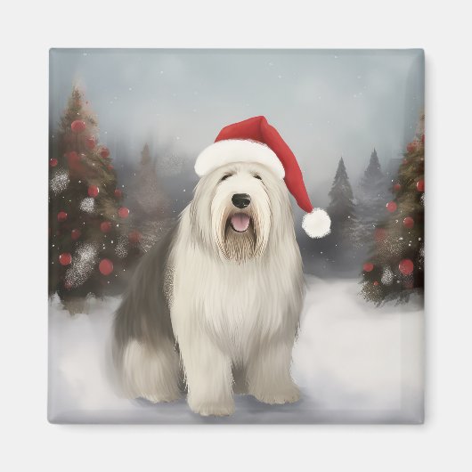 Old English Sheepdog in Snow Christmas Magnet (Vorne)