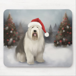 Old English Sheepdog in Snow Christmas Mousepad