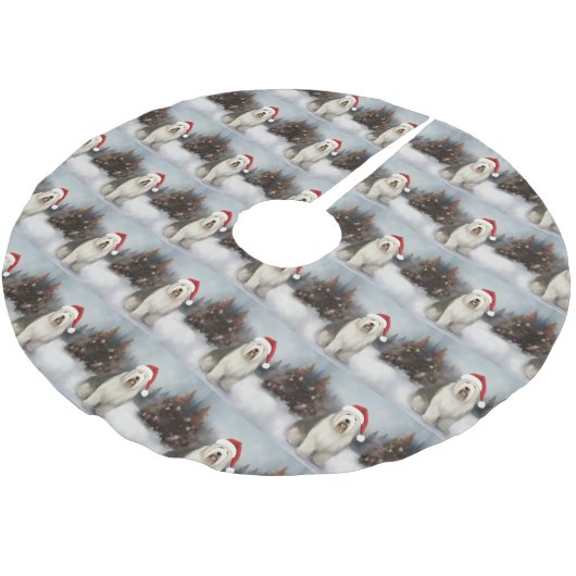 Old English Sheepdog in Snow Christmas Polyester Weihnachtsbaumdecke (Schrägansicht)