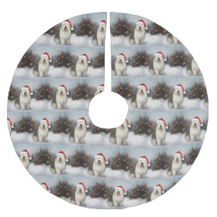 Old English Sheepdog in Snow Christmas Polyester Weihnachtsbaumdecke