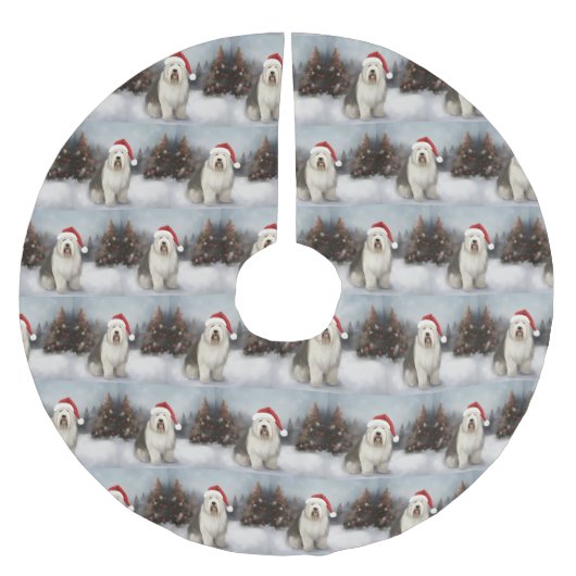 Old English Sheepdog in Snow Christmas Polyester Weihnachtsbaumdecke (Vorderseite)