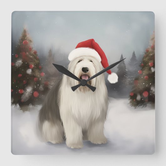 Old English Sheepdog in Snow Christmas Quadratische Wanduhr (Vorderseite)