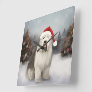 Old English Sheepdog in Snow Christmas Quadratische Wanduhr
