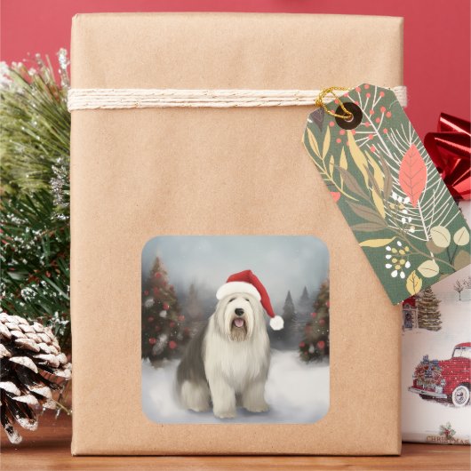 Old English Sheepdog in Snow Christmas Quadratischer Aufkleber (Feiertag)