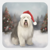 Old English Sheepdog in Snow Christmas Quadratischer Aufkleber (Vorderseite)