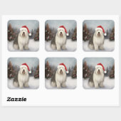 Old English Sheepdog in Snow Christmas Quadratischer Aufkleber (Blatt)