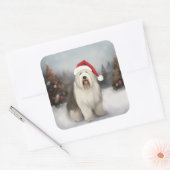 Old English Sheepdog in Snow Christmas Quadratischer Aufkleber (Umschlag)