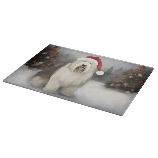 Old English Sheepdog in Snow Christmas Schneidebrett (Ecke)