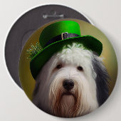 Old English Sheepdog in St. Patrick's Day Dress Button (Vorne & Hinten)
