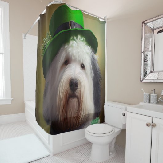 Old English Sheepdog in St. Patrick's Day Dress Duschvorhang (Beispiel)