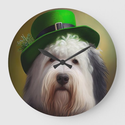 Old English Sheepdog in St. Patrick's Day Dress Große Wanduhr (Vorderseite)