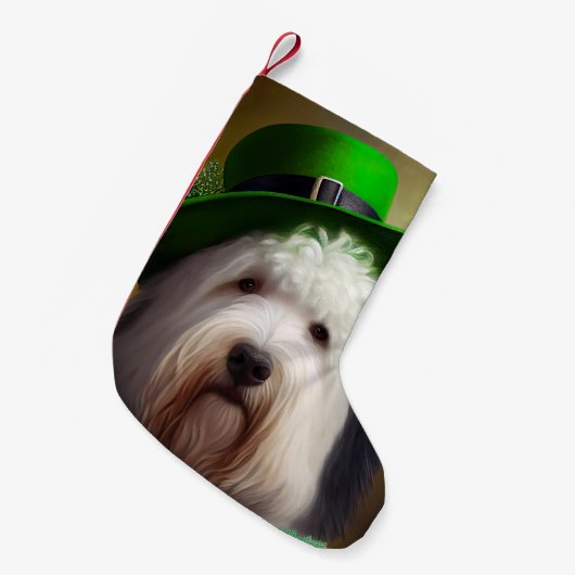 Old English Sheepdog in St. Patrick's Day Dress Kleiner Weihnachtsstrumpf (Vorderansicht (hängend))