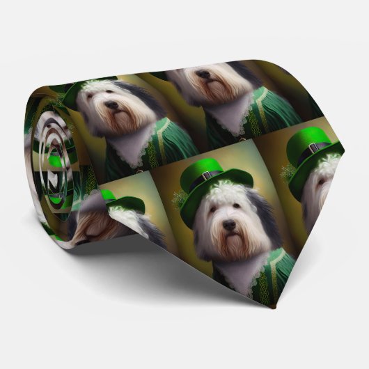 Old English Sheepdog in St. Patrick's Day Dress Krawatte (Gerollt)